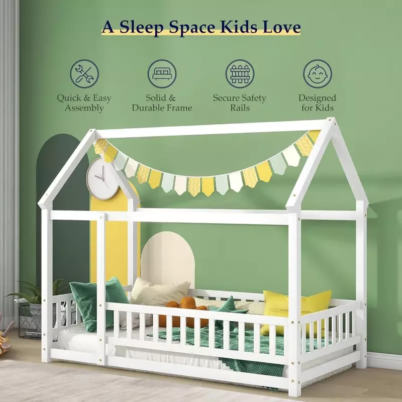 Twin children's bed, Montessori floor-to-ceiling bed with armrests, floor-to-ceiling bed frame with roof, wooden house bed