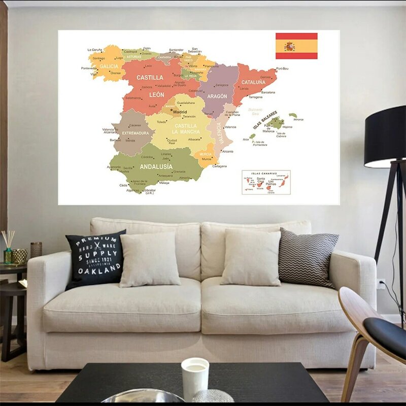 Pintura en lienzo de 150x100 cm para decoración del hogar, póster de arte para pared, suministros escolares, mapa politico de España en español, no tejido