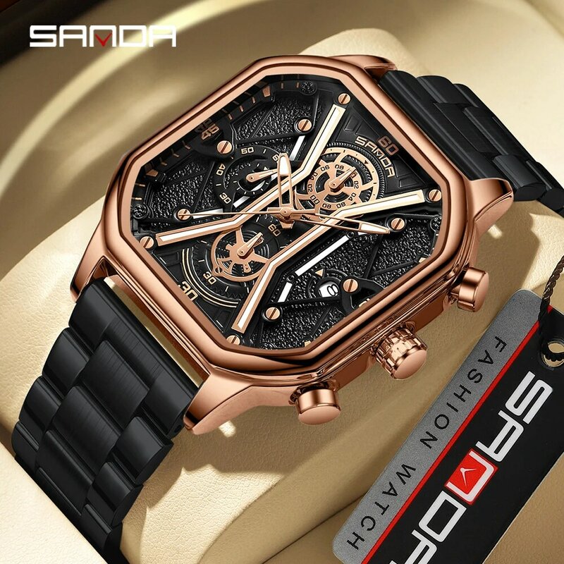 SANDA 7057 남성용 럭셔리 시계, 방수 비즈니스 시계, 빛나는 날짜, 가죽 사각 쿼츠 손목 시계