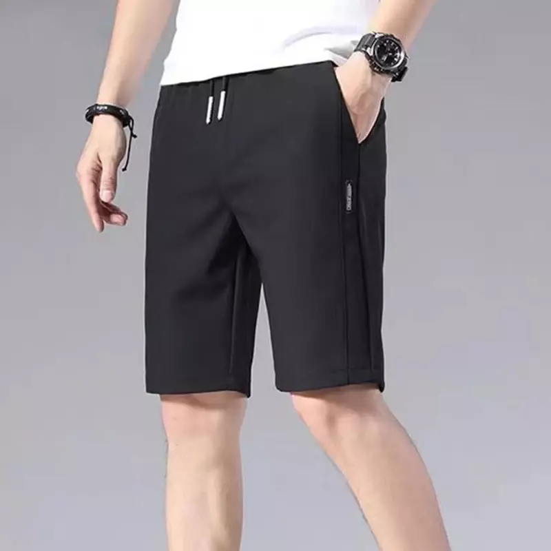 Calção esportiva de padrão reto masculino, monocromático, solto, elástico na cintura, cordão, calça casual masculina, verão