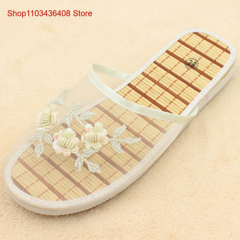 Womens Ladies Handmade Flowers Fashion Floral Slippers Slides On Flats Mesh Flip Flop Loafers Mules Fresh Breathable Home