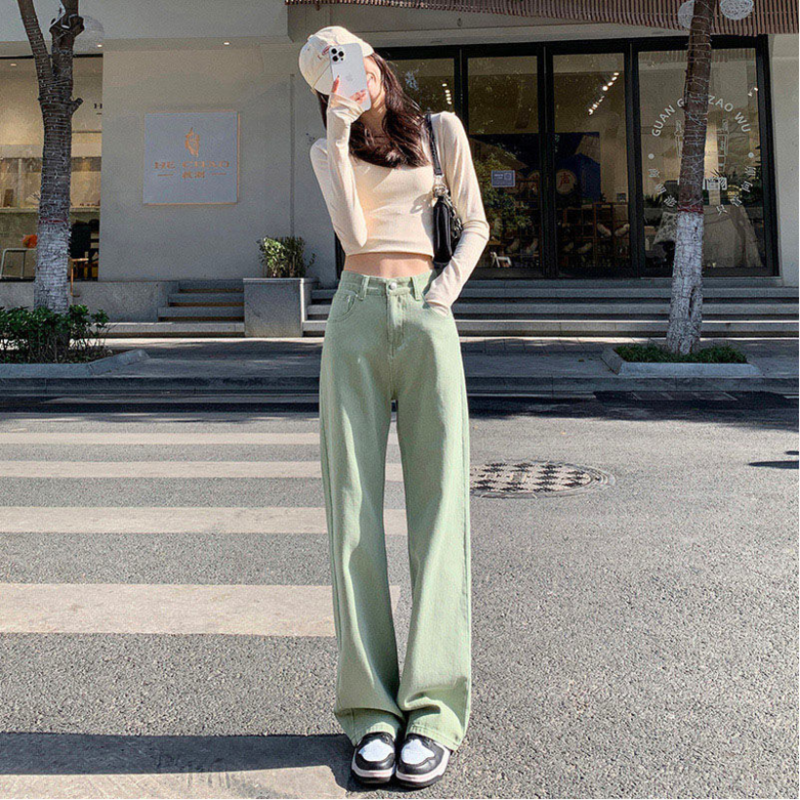 Mint Green 2023 Spring/Summer New High Waist Jeans Women's New Versatile Straight Leg Loose Leg Slim High Pants