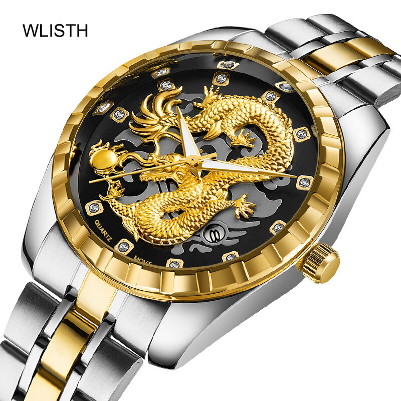 WLISTH-Relógio de pulso dragão em relevo para homens, aço inoxidável completo, quartzo dourado, relógio masculino, marca superior, moda, oco