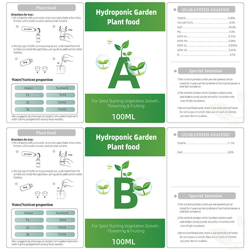 Nutrientes hidropónicos generales A y B para plantas, flores, verduras, frutas, plantas hidropónicas, hierbas, suministros de fertilizante de jardín