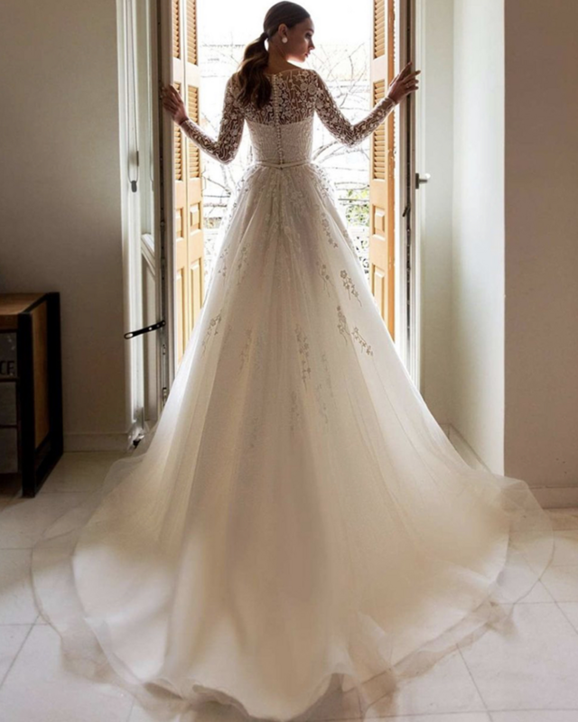 Lovedress-elegante vestido de noiva de mangas compridas para mulheres, o pescoço, vestido de noiva, robe de botão, apliques de renda, moderno