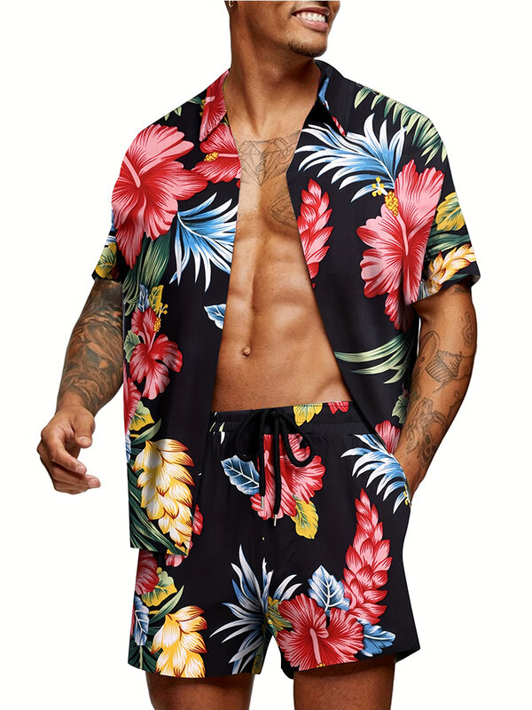 Conjunto de camisa y pantalones cortos de manga corta para hombre, camisa de Estilo Hawaiano, informal, estampado en 3D