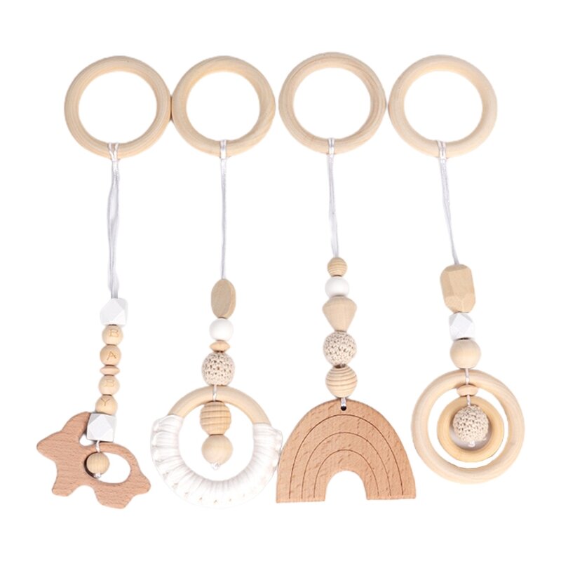 4 шт., деревянные бусины для новорожденных, кольцо-прорезыватель, молярная погремушка для детей, ручка для игр в тренажерном