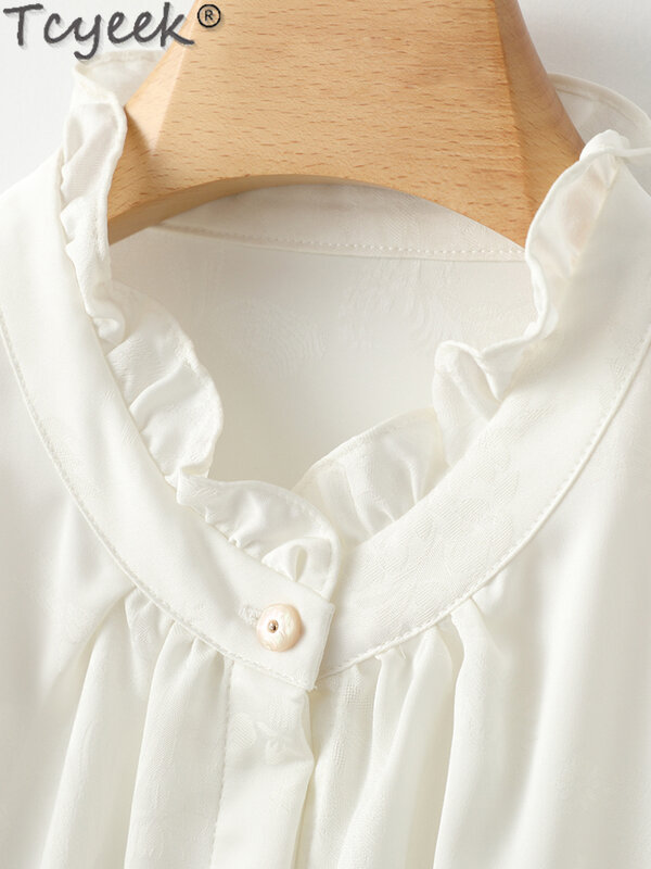 Tcyeek blus sutra murbei 92% untuk wanita, kemeja lengan panjang warna polos musim panas, atasan 2024 untuk perempuan