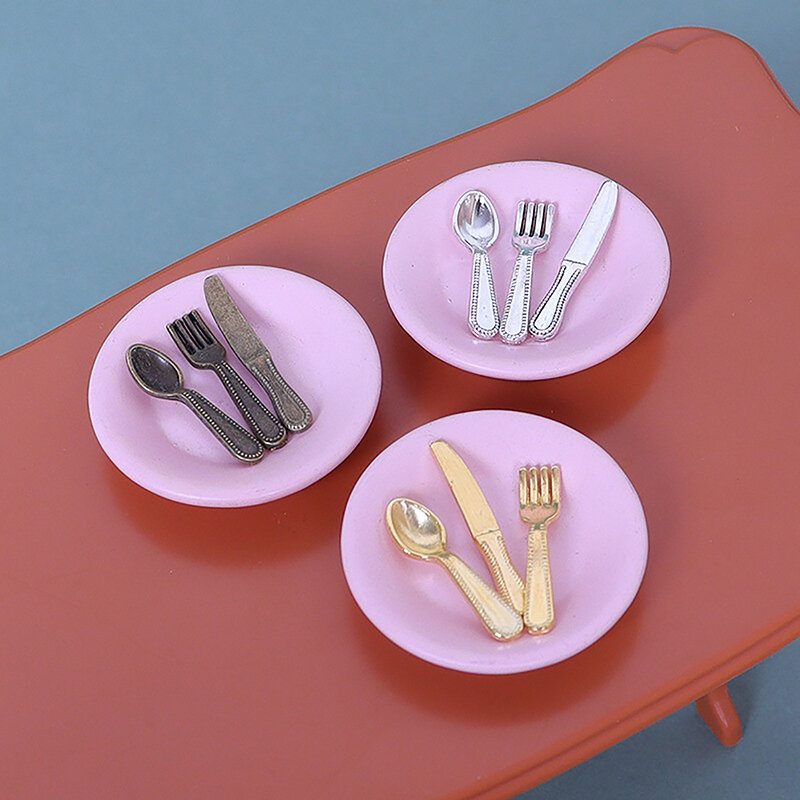 مجموعة أدوات مائدة مصغرة لبيت الدمية ، إكسسوارات مطبخ ، ديكور منزل الدمى ، سكين ، شوكة ، ملعقة ، طبق ،