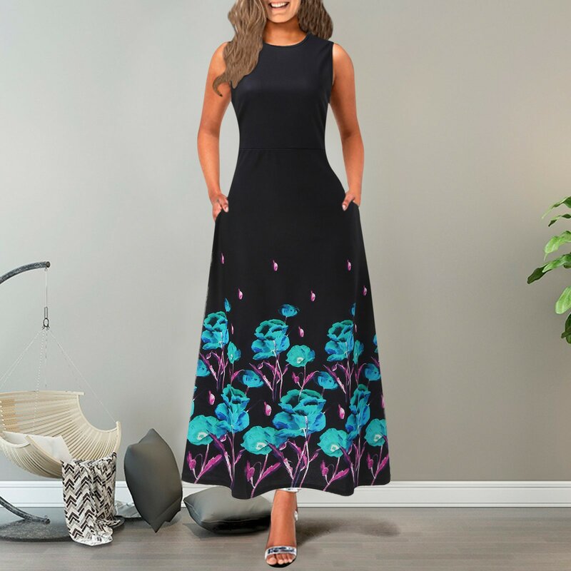 Frauen Mode lässig eine Linie Kleid Maxi Long Wear ärmel los gedruckt mit Tasche Frühling Sommer Rundhals ausschnitt stilvolle elegante Vestido