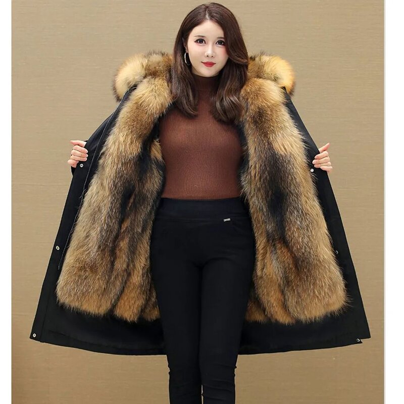 女性用の厚手のパーカー,キツネの毛皮の裏地が付いたロングジャケット,暖かいオーバーコート,取り外し可能,フェイクファー,5XL,新しい冬