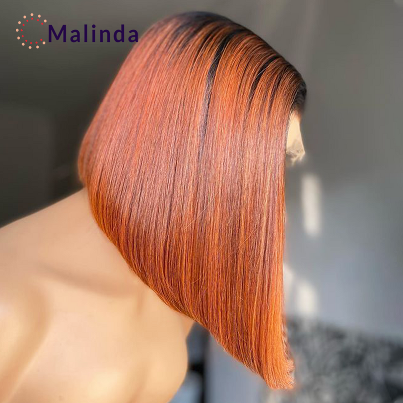 Ombre imbir pomarańczowy krótki Bob 13x4 bezklejowa koronka z przodu ludzkie włosy peruki proste Bob przezroczyste peruki typu Lace Front dla kobiet