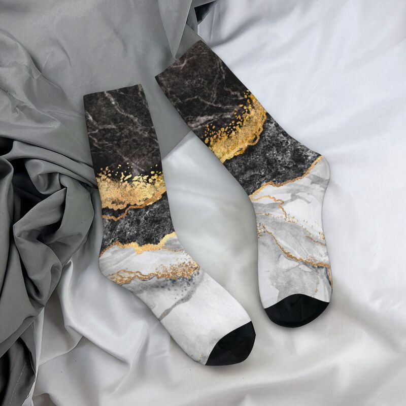 Novas meias masculinas casuais de mármore preto com ouro bonito meias de poliéster esporte feminino meias primavera verão outono inverno