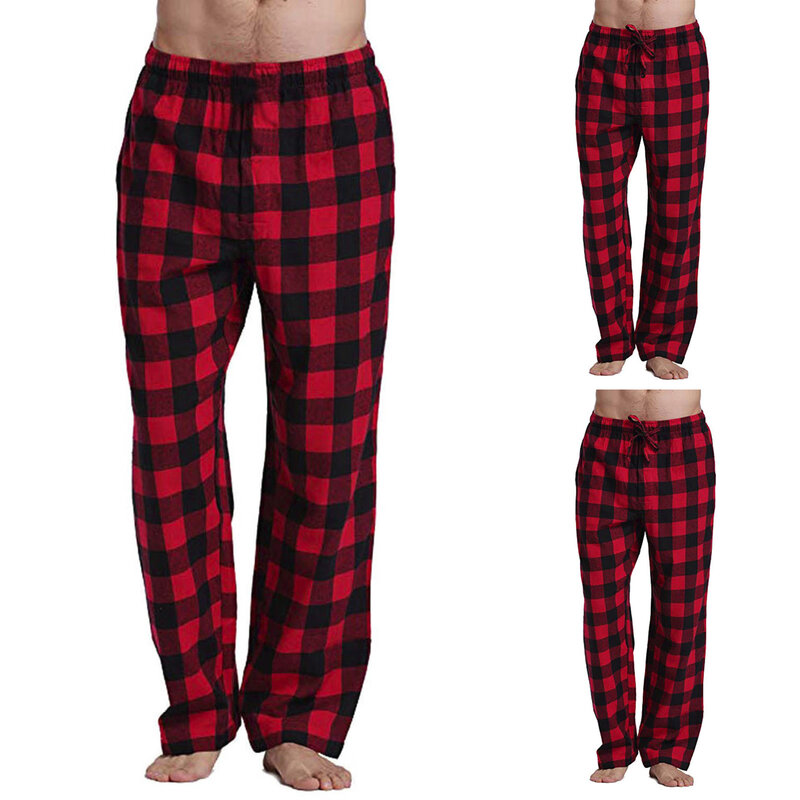 Pijama masculino casual de algodão, calça longa, macia, confortável, solta, elástico, roupa de dormir aconchegante, calça lounge, moda xadrez