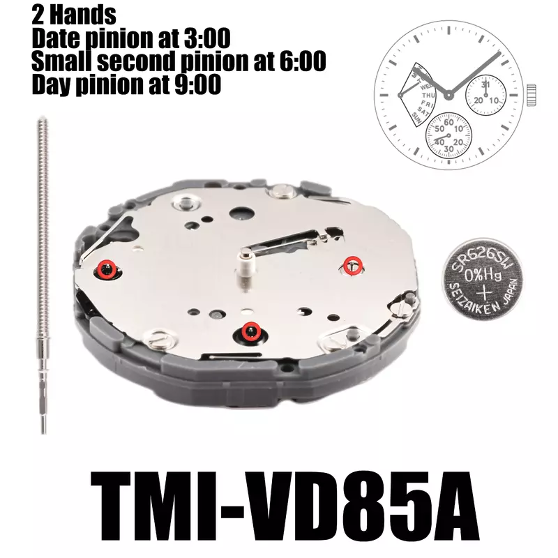 Movimiento multiojo VD85 Tmi VD85, dispositivo con 2 manos (día, fecha, 24 horas, sección pequeña), tamaño: 10 ½, altura: 3,45mm