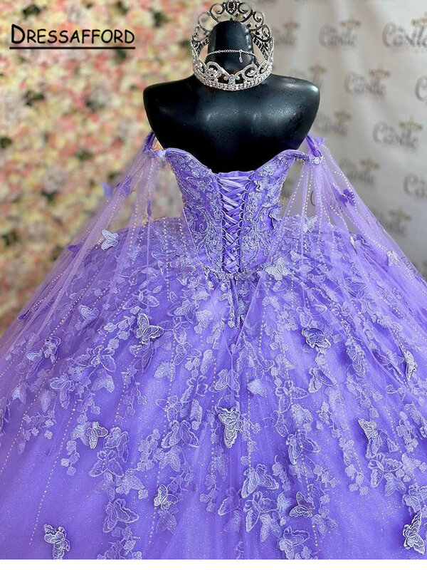 Gaun Lilac Lavender Princess Quinceanera Gaun Pretty Cape Gembung Lace-Up Sweet 15 Gaun Prom Wisuda Gaun Vestidos De 15 Anos