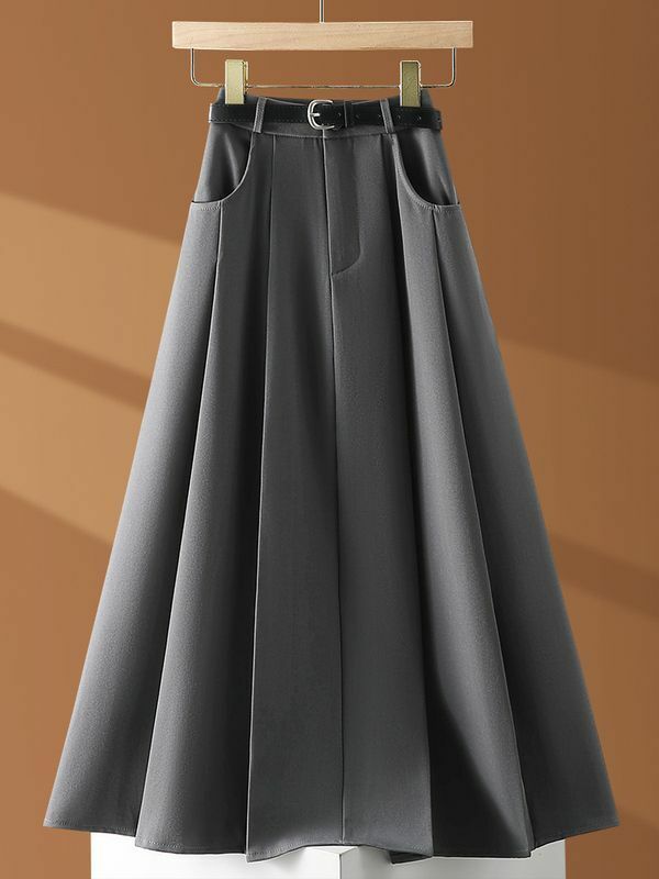 Женский костюм на весну и лето, черная драпированная простая юбка средней длины с высокой талией и широким подолом