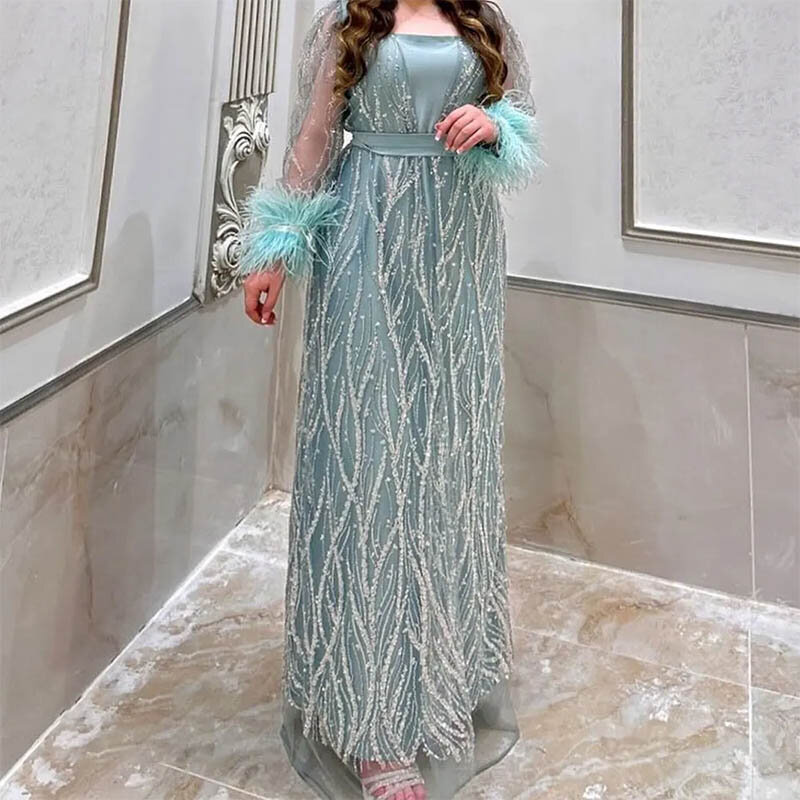 فستان حفلة موسيقية نسائي في دبي بياقة مربعة ، أكمام طويلة ، فستان سهرة بطول الكاحل ، فساتين حفلات رسمية ، رائعة ، وصلت حديثًا
