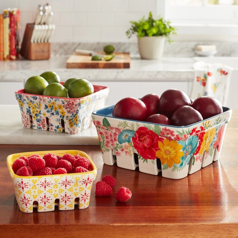 Fancy Flourish-Juego de 3 piezas de cesta de cerámica para frutas