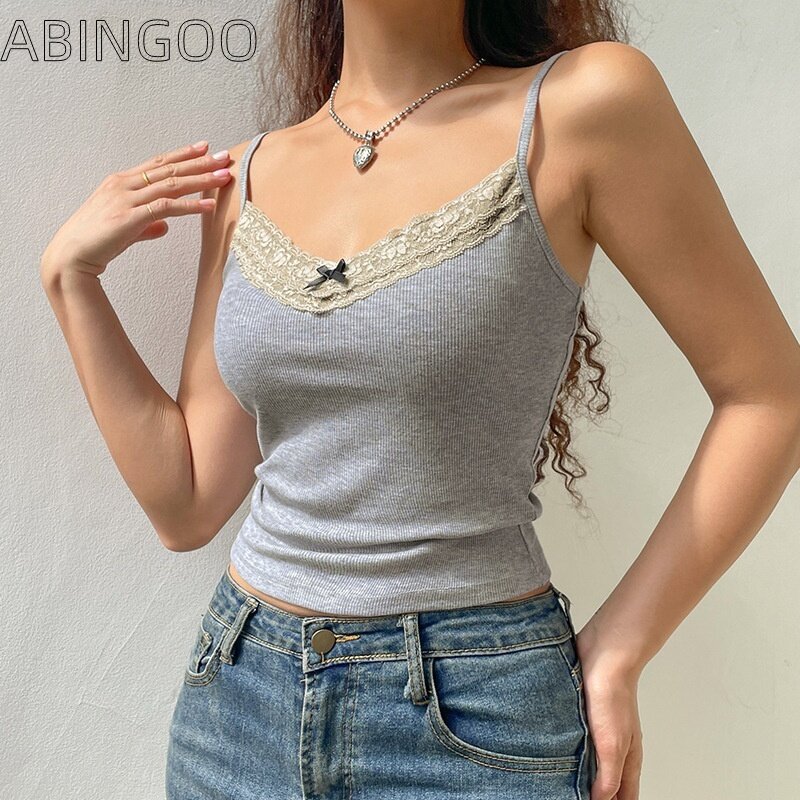 ABINGOO Lace Tank Top Women Y2k Aesthetic Patchwork Sleeveless Cami Shirts Fairy Grunge Camisole Sweet Sexy Slim Vest Short Top