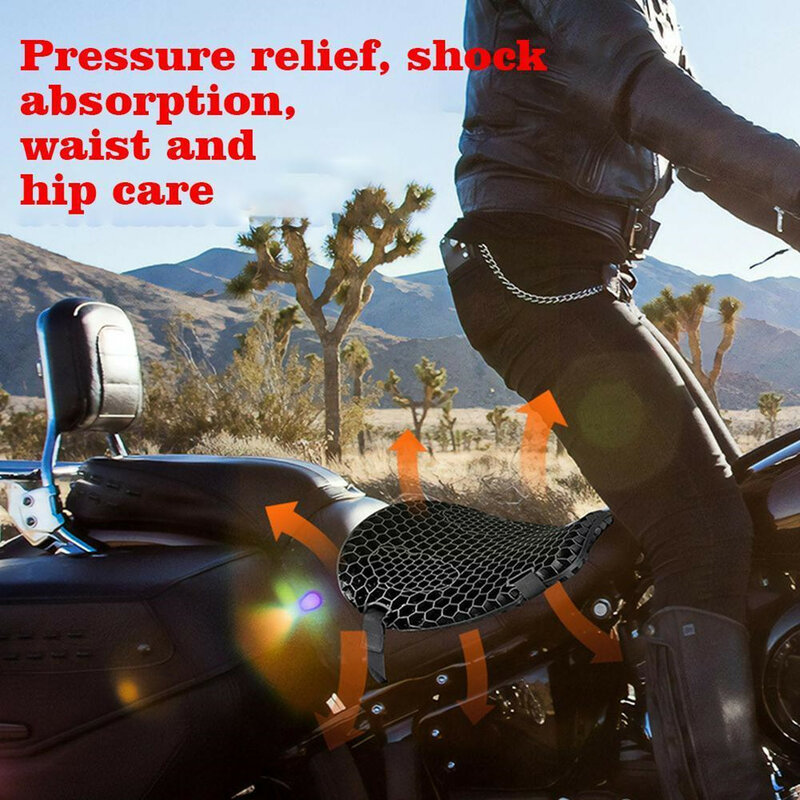 Motocicleta 3D malha tecido almofada do assento, amortecedor, alívio de pressão, favo de mel, descompressão tampa, confortável, Autobike