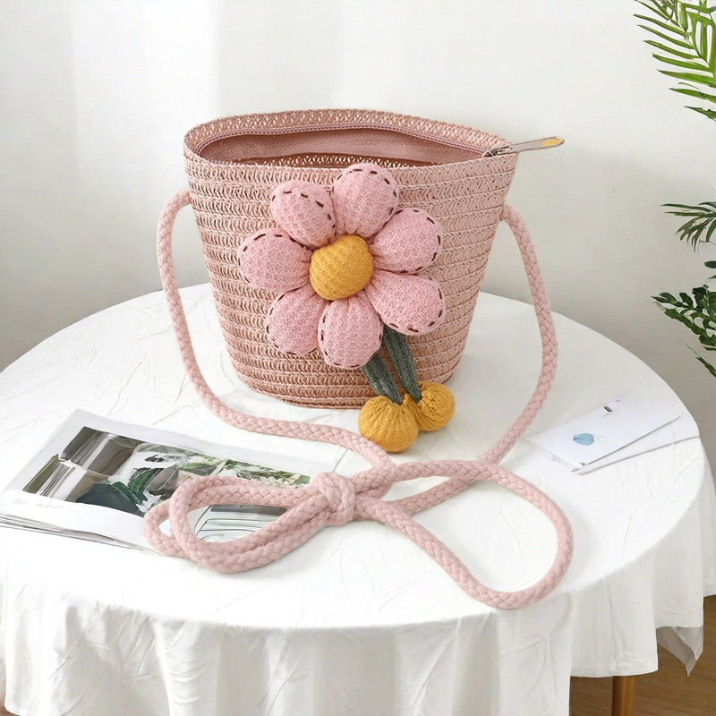 Girls' Solid Color Flower Decorated Small Shoulder Bag Children's Casual Mini Woven Bag Baby Outdoor Wear Snack Small Backpack
