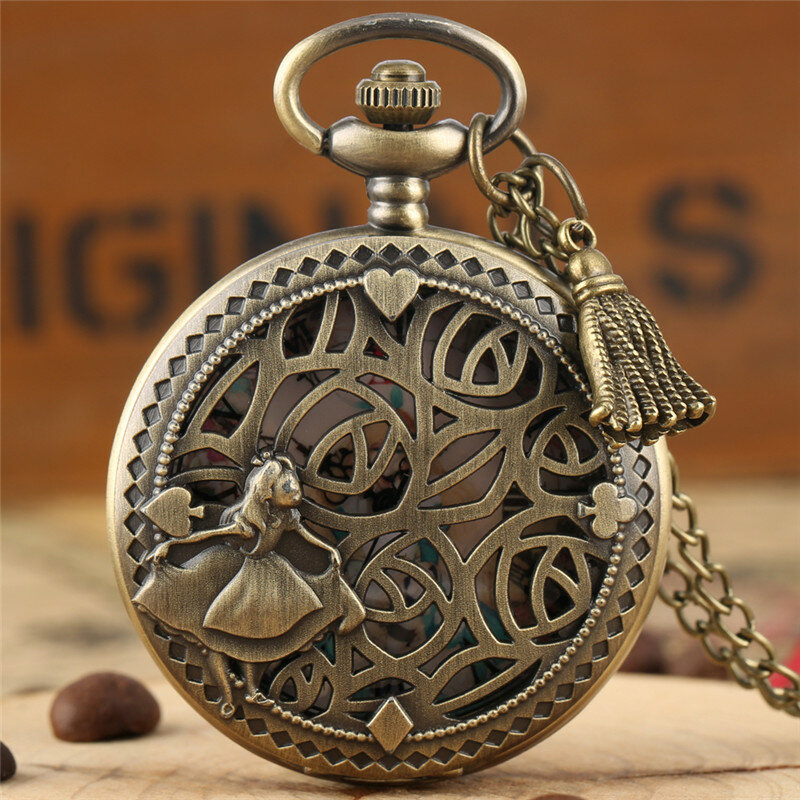 Relógio de quartzo padrão princesa oca para mulheres, relógio de bolso antigo, design menina, movimento com corrente de suéter