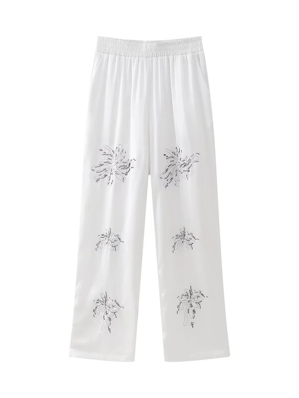 Satynowa piżama dla kobiet Garnitur Vintage Haft Jednorzędowa koszula z długim rękawem Luźne spodnie Zestaw Szykowna moda Strój damski Garnitur
