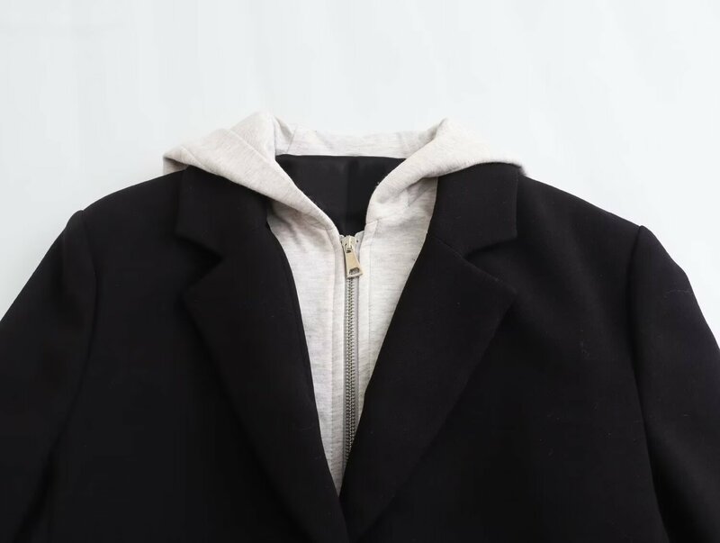 Blazer feminino com capuz patchwork, jaqueta de um botão curto, casaco slim fit, manga comprida retrô, top com zíper, chique, nova moda