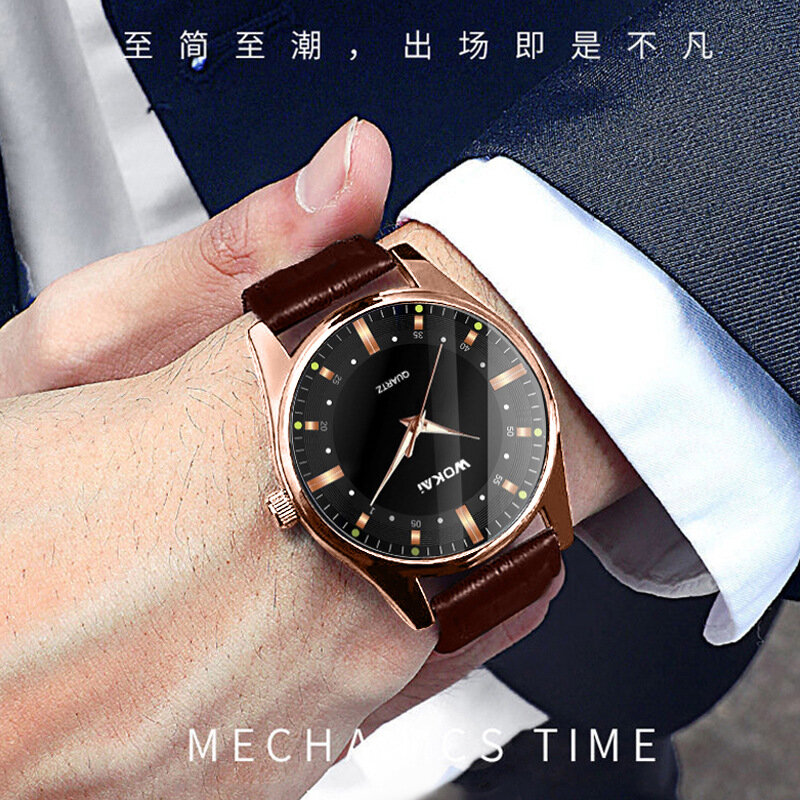 Wokai jam tangan bisnis pria, arloji emas mawar tahan air panggilan bercahaya sabuk kulit Quartz 2023