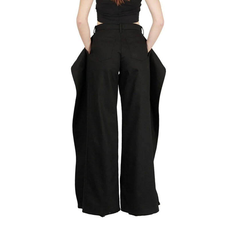 BPN Jeans larghi minimalisti per le donne tasche Patchwork a vita alta pantaloni Casual in Denim a gamba larga solido abbigliamento moda femminile