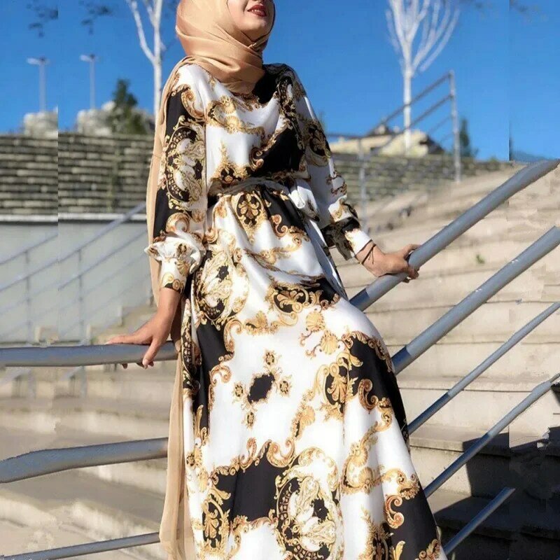 Jilbab elegan Kaftan Kaftan Islami gaun Abaya panjang mode Muslim wanita cetak gaun lengan panjang