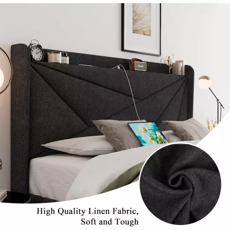 Feonase-Queen Bed Frame com Tipo-C e portas USB, plataforma estofada, Wingback armazenamento cabeceira, madeira maciça