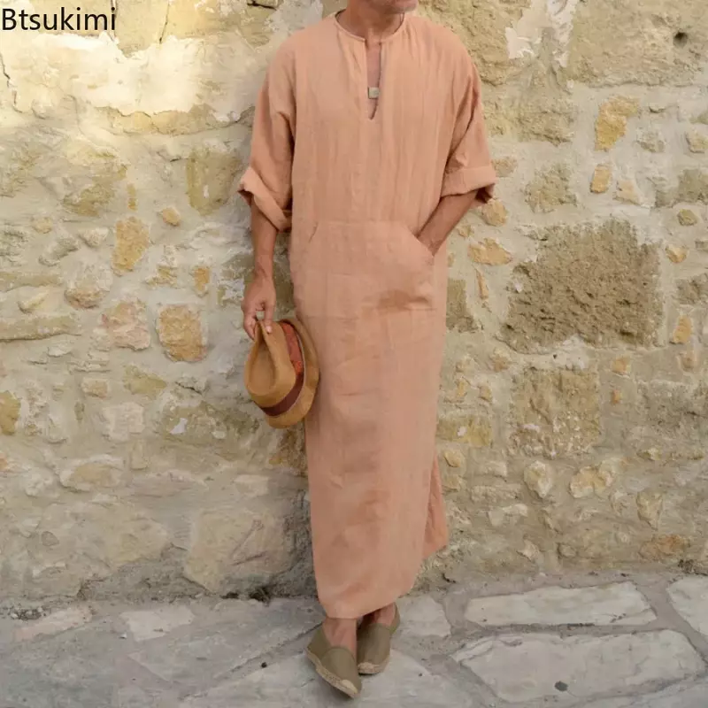 Robe musulmane à manches longues pour hommes, col en V, coton décontracté, poches en lin, vintage, arabe, ethnique, robe islamique masculine, grande taille, 4XL, 5XL