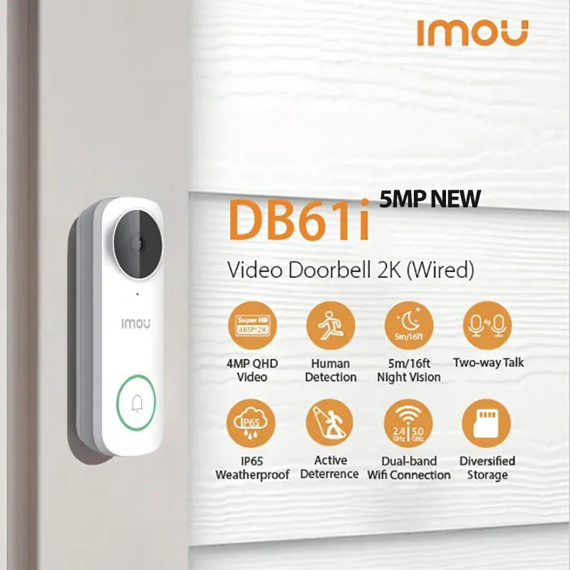 IMOU-Smart Home Video Campainha, com fio IP65 à prova de intempéries Câmera Campainha, 2K, 5G, Video Security Protection, Night Vision, DB61i