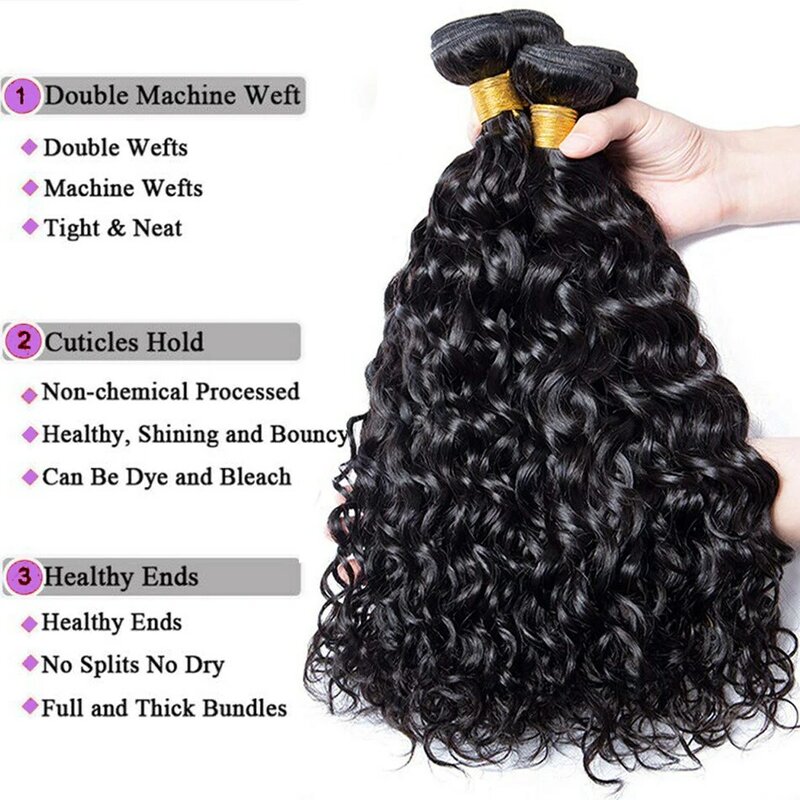 Indian Water Wave Bundles With Closure Wet and Wavy 12A Human Hair Bundles Remy Human Hair Weave 3Bundles With 13X4 Frontal