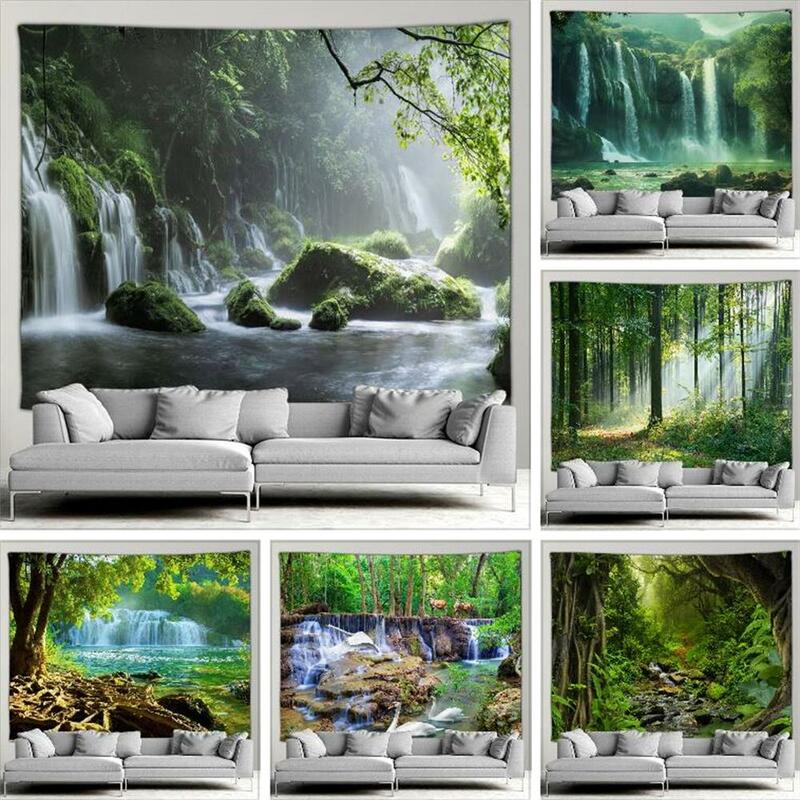 Ogrodowa plakat krajobraz z wodospadem leśny gobelin tropikalne rośliny krajobraz domu Patio ozdoba na ścianę ozdobne malowidło ścienne