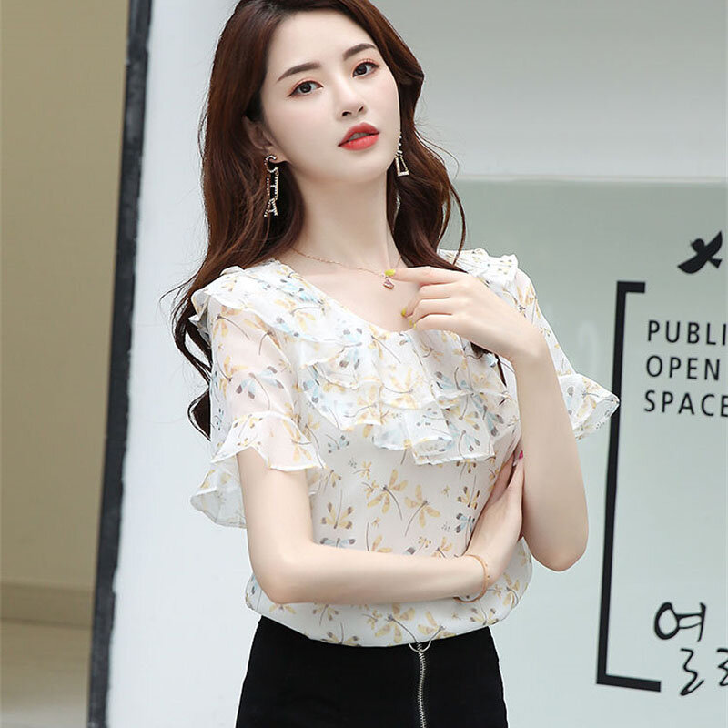 Double Floral Blouse Summer Lotus Leaf Collar Covered Belly Chiffon Shrit With Short Sleeves Fashionable Temperament For Women