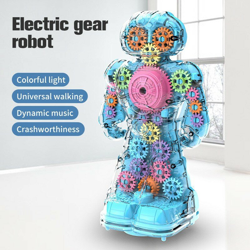 Giocattolo Robot con ingranaggi elettrici trasparenti colorato luminoso intelligente a piedi Anti-collisione musica Robot giocattoli educativi regali per bambini