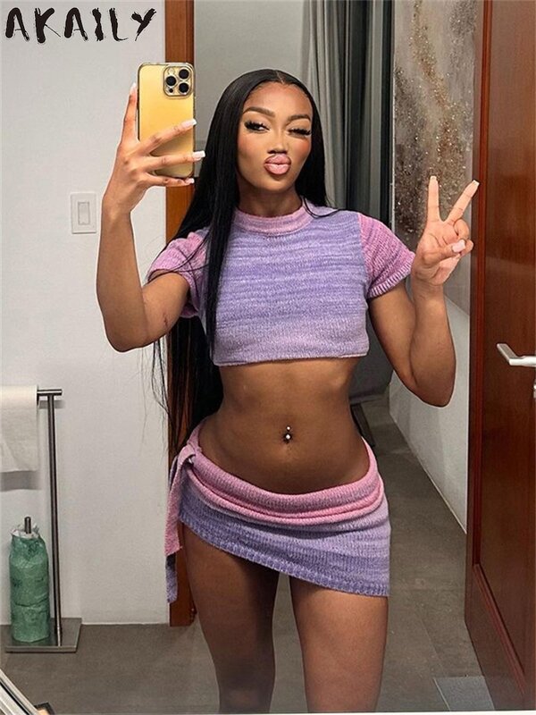 Akaily Summer Purple Gradient Knit 2 Piece Sets Club Outfits Women 2024 Street Short Sleeve Crop Tops And Drawstring Skirt Sets