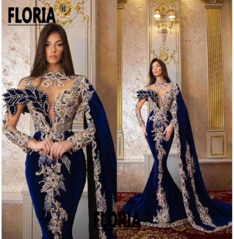 Robes de soirée formelles en velours bleu royal avec perles de cristal, longue cape couture, appliques de Dubaï, robe de Rhde luxe, gala éducatif