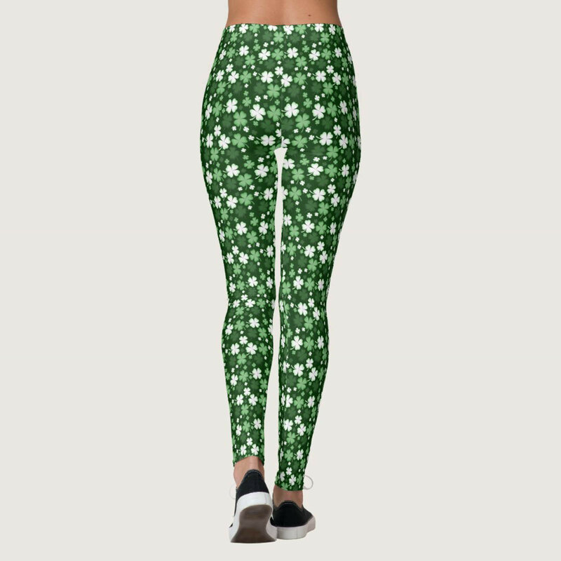 กางเกงรัดรูปสำหรับผู้หญิงกางเกงสีเขียวพิมพ์ลายโคลเวอร์เลกกิ้งเอวสูงยืดหยุ่นสำหรับวิ่งโยคะพิลาทิสยิม