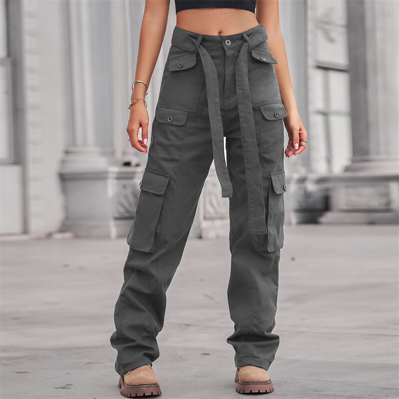 2022 moda nova laço-up macacão feminino multi-bolso cor sólida denim calças femininas rua casual algodão calças de brim retas