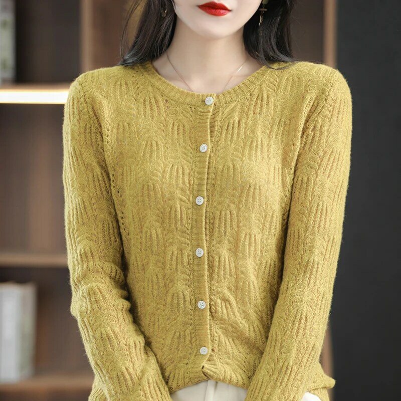 Suéter de punto con cuello redondo para mujer, chaqueta con agujeros trenzados, primavera y otoño, versión coreana, novedad de 2022