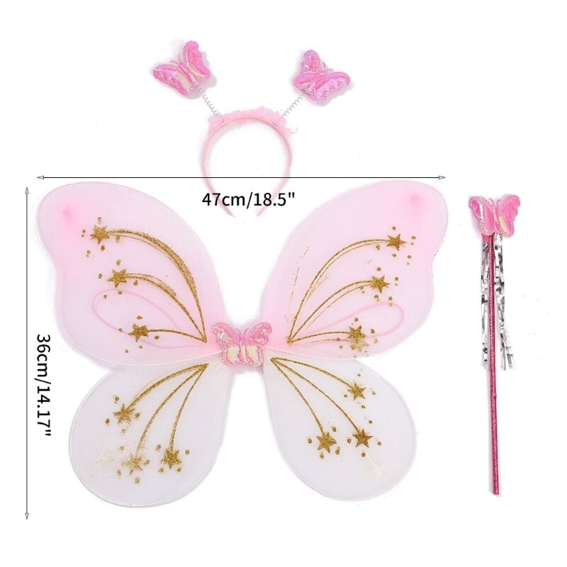 N80C 3x Kinder-Feen-Kostüm-Set, Schmetterlings-Feenflügel mit Stirnband-Zauberstab für Halloween