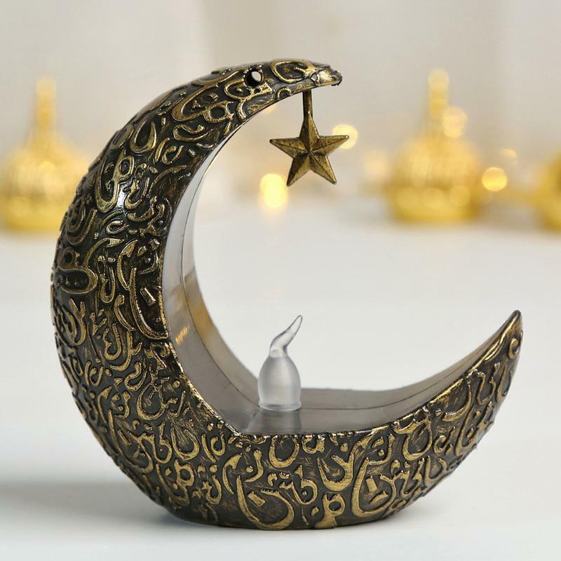 Luces decorativas Eid Retro, luz de luna y Estrella, elegante linterna de vela, luz LED de mesa, adornos rústicos