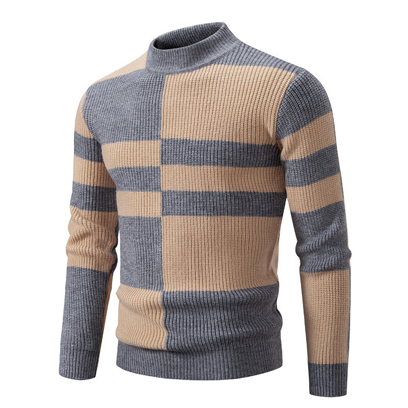 2024 Men's Autumn and Winter Half Turtleneck Sweater Youth Casual Plaid Colorblock Pullover Base Sweater