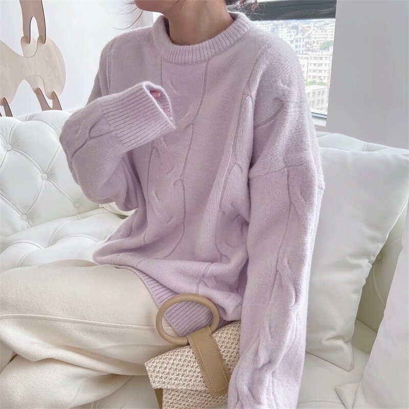 Maglione lavorato a maglia sciolto per le donne moda invernale 2022 Pullover rosa blu manica lunga spessa coreano natale femminile top in Cashmere