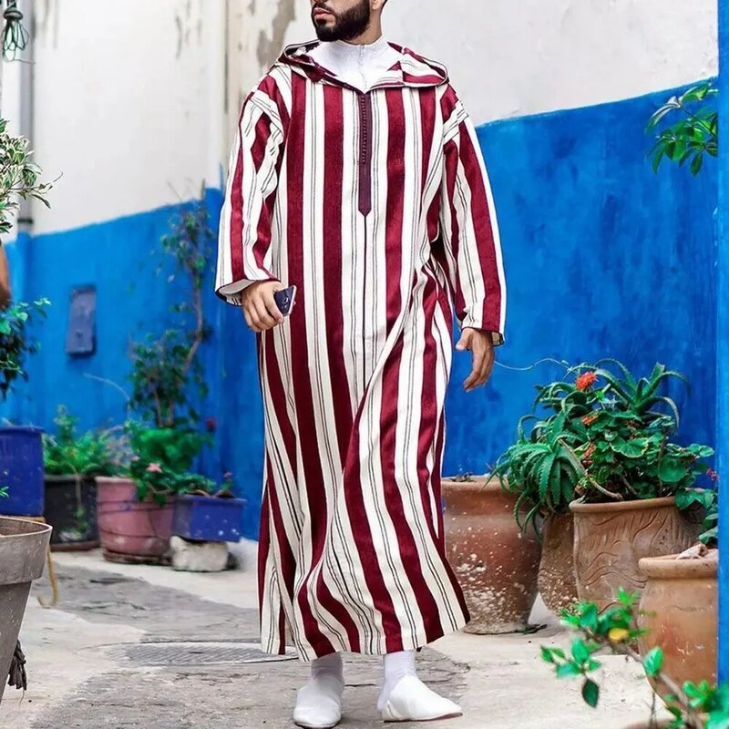 Men's Muslim Robes Islamic Arabia Fashion Patchwork Striped Long Sleeve Zipper Hooded Robes Casual Loose Robes Street Wear