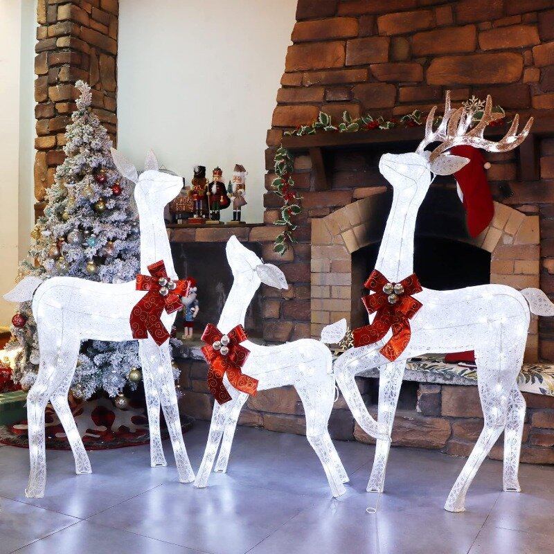 Lulu-Home Christmas Yard Decoração, conjunto de 3 renas brancas pré-iluminadas, 265 LEDs luzes brancas
